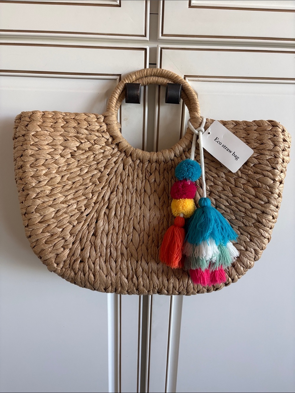 NWT Large Woven Straw Tote with Colorful Tassel Charm